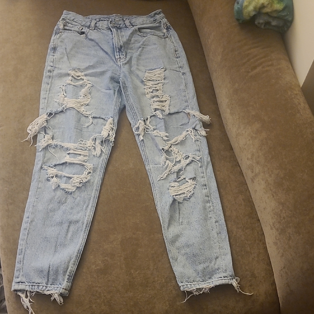 American Eagle Outfitters Blue Boyfriend Jeans with Distressed Details